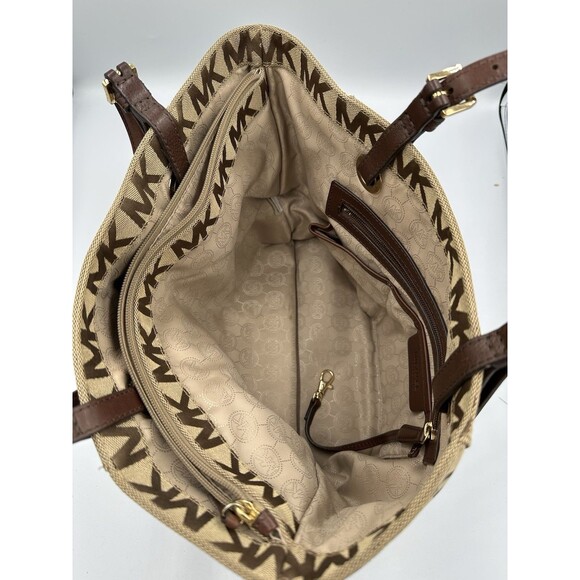 Michael Kors Signature Open Top Tote Center Zip Brown Tones Canvas Lerather Trim - Picture 4 of 8